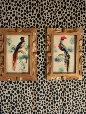 Vintage Original Real Feathers Bird Paintings! Eclectic!